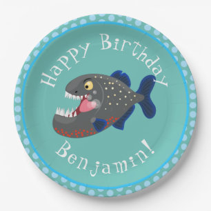 Hungry funny piranha cartoon illustration paper plate