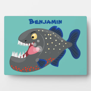 Hungry funny piranha cartoon illustration plaque