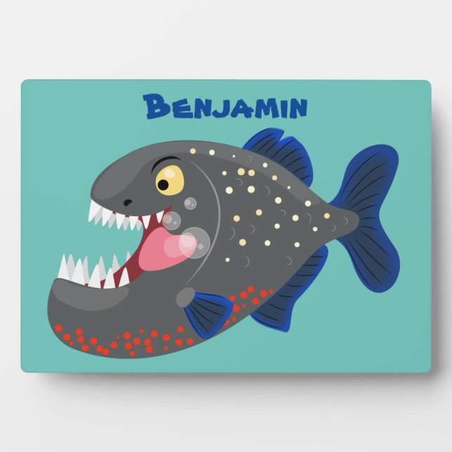 Hungry funny piranha cartoon illustration plaque (Front)