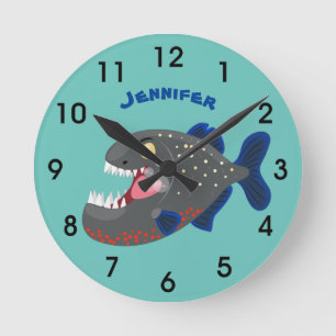 Hungry funny piranha cartoon illustration round clock