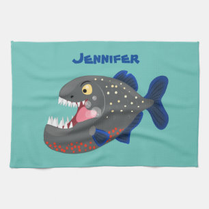 Hungry funny piranha cartoon illustration tea towel