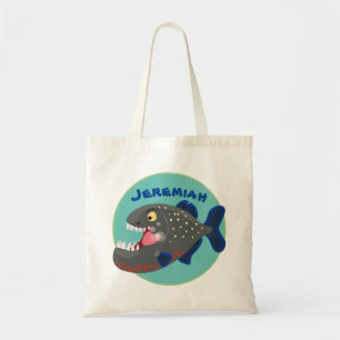 Hungry funny piranha cartoon illustration tote bag
