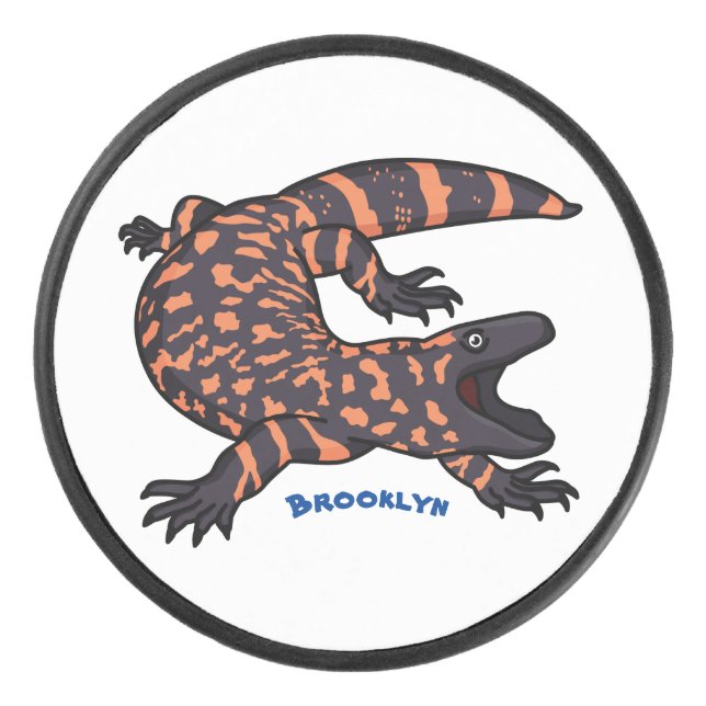 Hungry gila monster lizard cartoon illustration  hockey puck (Front)