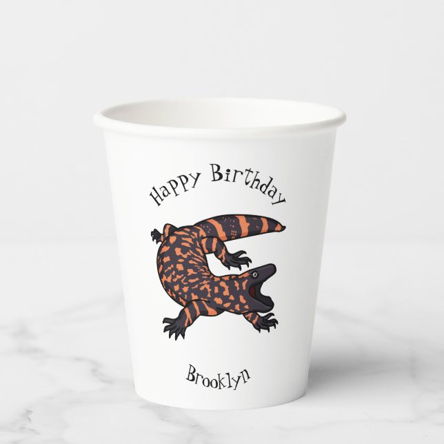 Hungry gila monster lizard cartoon illustration  paper cups (Front)