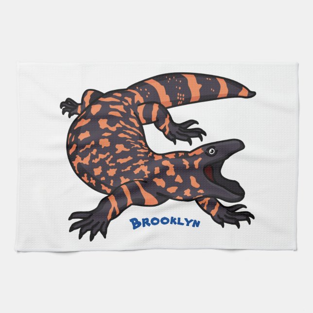 Hungry gila monster lizard cartoon illustration tea towel (Horizontal)