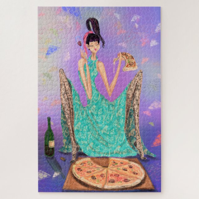 Hungry Girl Eating Pizza and Drinking Wine - Funny Jigsaw Puzzle (Vertical)
