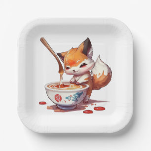 Hungry Little Fox Waiting for Japanese Ramen Paper Plate