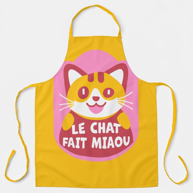 Hungry Orange Tabby Cat Says Meow in French Apron (Front)