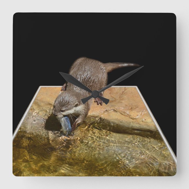 Hungry Otter Eating Fish,Popout Art Wall Clock. Square Wall Clock (Front)