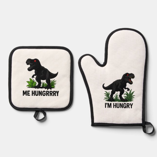 Hungry T-Rex Oven Mitt & Pot Holder Set (Front)