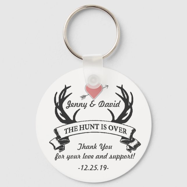"Hunt is Over" Personalised Key Ring Wedding Favou (Front)