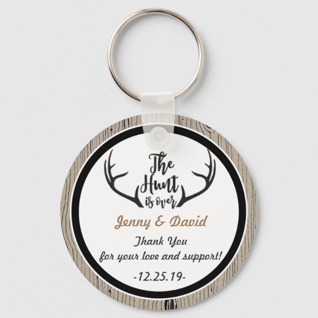 "Hunt is Over" Personalized Key Ring Wedding Favor (Front)
