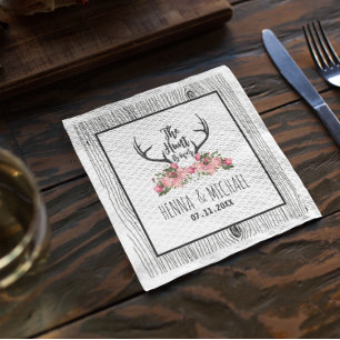 Hunt is Over Rustic Antler Barnwood Floral Wedding Napkin