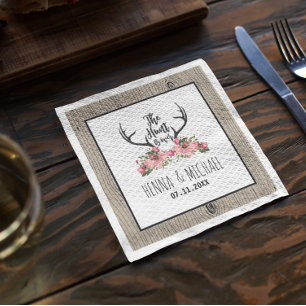 Hunt is Over Rustic Antler Barnwood Floral Wedding Napkin