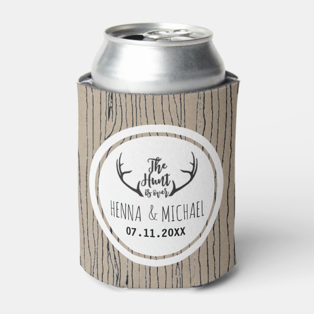 "Hunt is Over" Rustic Antler Barnwood Wedding Can Cooler (Can Front)