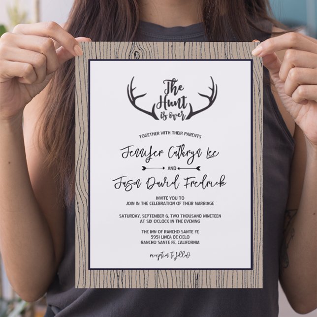"Hunt is Over" Rustic Antler Barnwood Wedding Invitation (Creator Uploaded)