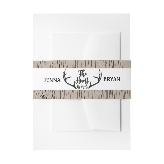 "Hunt is Over" Rustic Antler Barnwood Wedding Invitation Belly Band (Front Example)