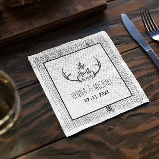 "Hunt is Over" Rustic Antler Barnwood Wedding Napkin (Creator Uploaded)