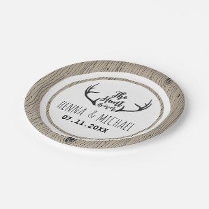 "Hunt is Over" Rustic Antler Barnwood Wedding Paper Plate