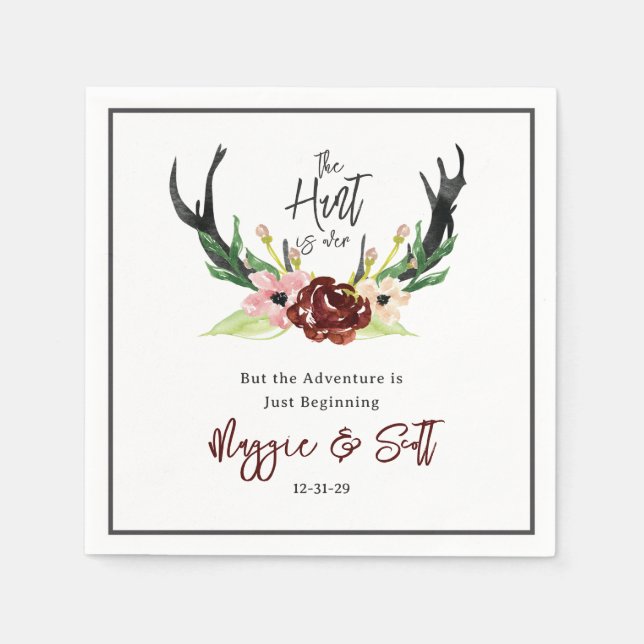 Hunt is Over Rustic Antler Burgundy Floral Wedding Napkin (Front)