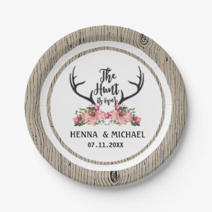 Hunt is Over Rustic Antler Floral Barnwood Wedding Paper Plate