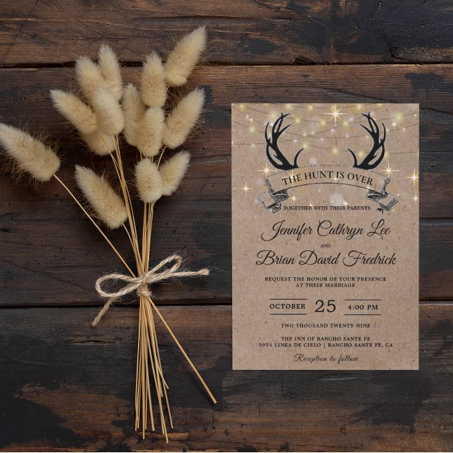 "Hunt is Over" Rustic Antler Strings Light Wedding Invitation (Creator Uploaded)