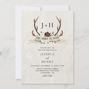 Hunt is Over Rustic Antlers QR Code Wedding  Invitation