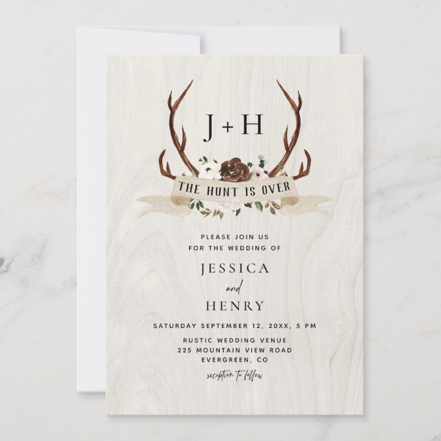 Hunt is Over Rustic Antlers QR Code Wedding  Invitation (Front)