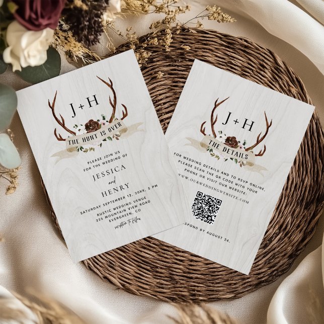 Hunt is Over Rustic Antlers QR Code Wedding  Invitation (Creator Uploaded)