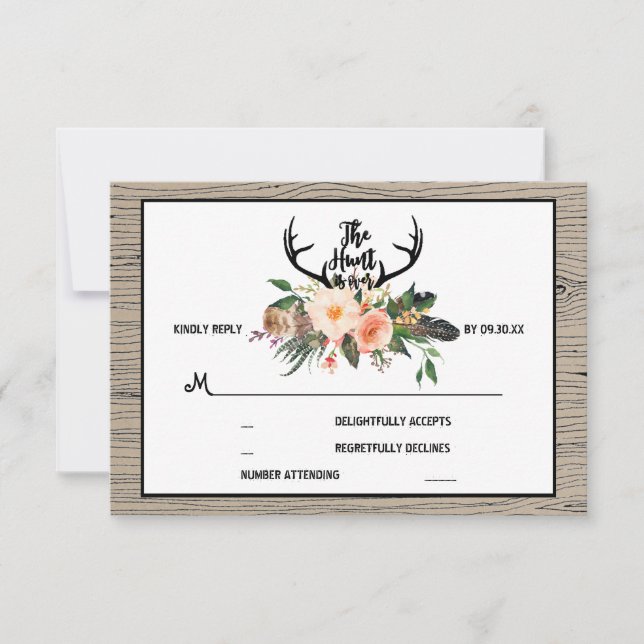Hunt is Over Rustic Boho Floral Wedding RSVP Card (Front)