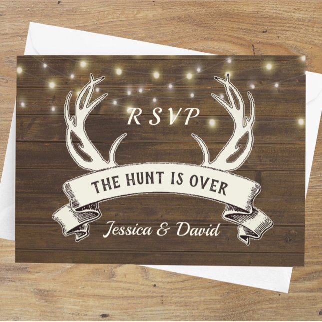 Hunt is Over Rustic String Lights Wedding RSVP Card (Creator Uploaded)