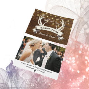 Hunt is Over Rustic Wood Antler Wedding Photo Thank You Card