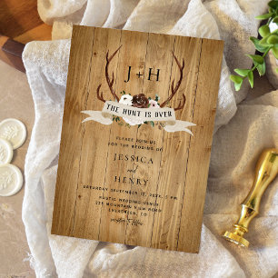 Hunt is Over Rustic Wood Antlers Wedding Invitation