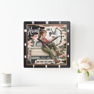 Hunt Like A Girl Bow Square Wall Clock