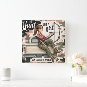 Hunt Like A Girl Bow Square Wall Clock