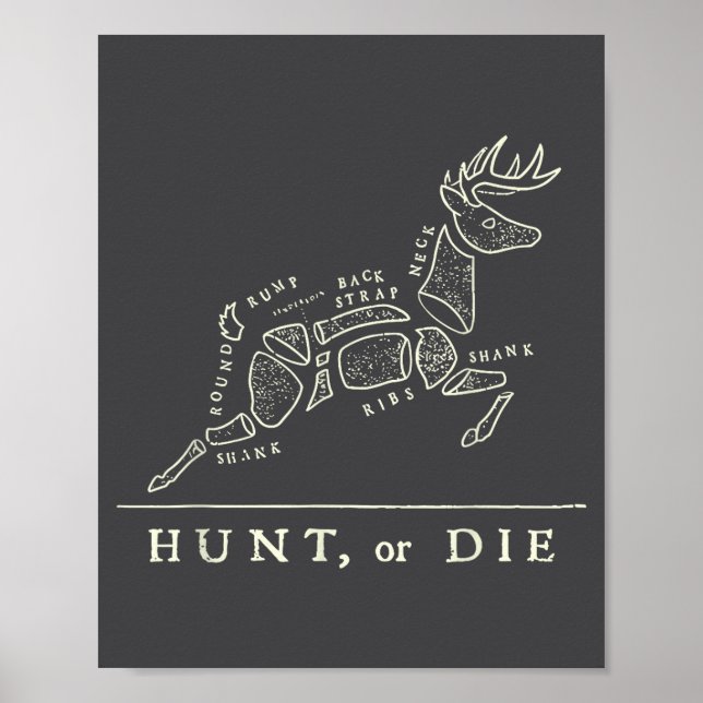 Hunt Or Die Funny Hunting Quote Deer Butcher Chart (Front)