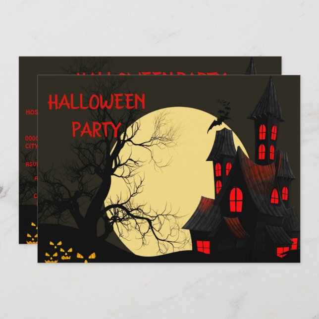 Hunted House Full Moon Halloween Party Invitation (Front/Back)