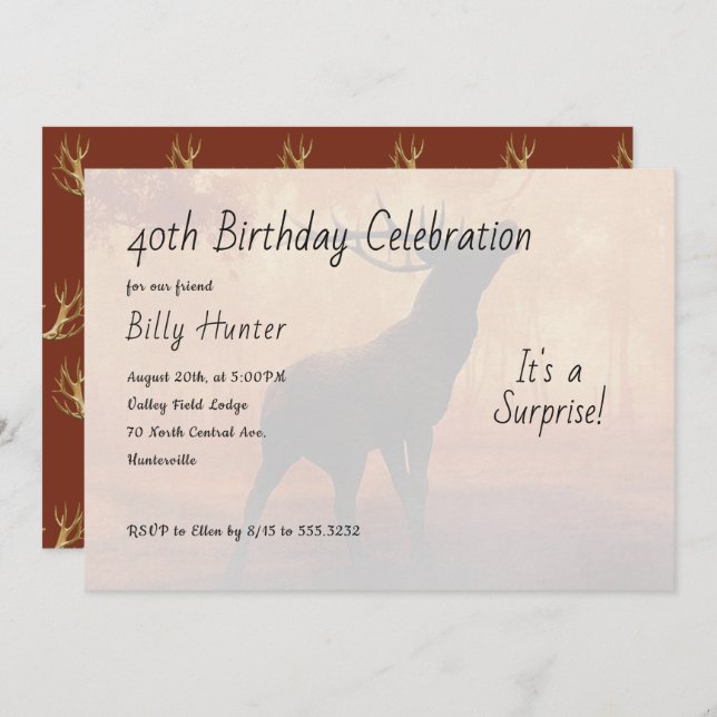 Hunter Antlers Surprise Birthday Party Invitation (Front/Back)