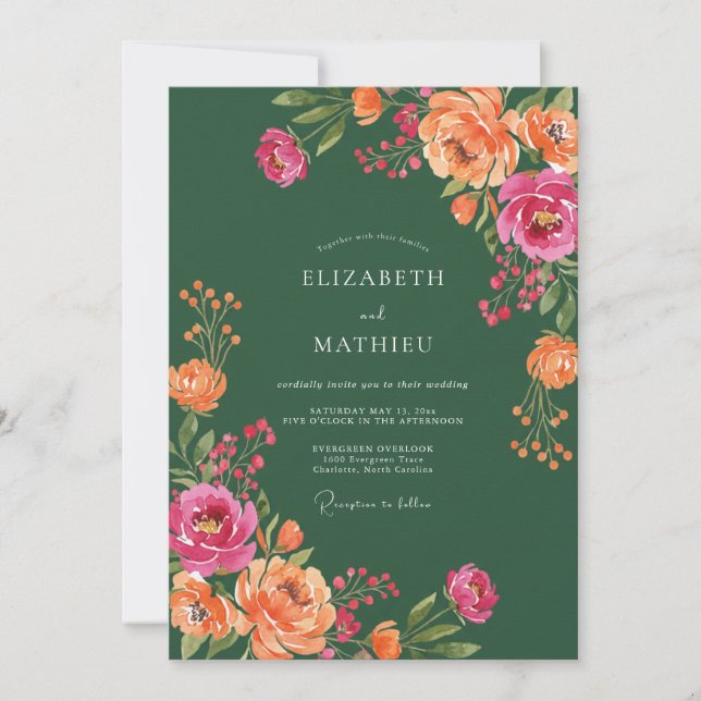 Hunter Coral Ranunculus Eucalyptus Wedding Invitation (Front)
