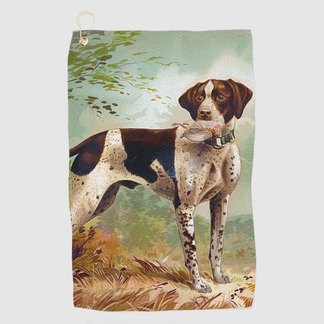 Hunter dog with bird in mouth golf towel (Front)