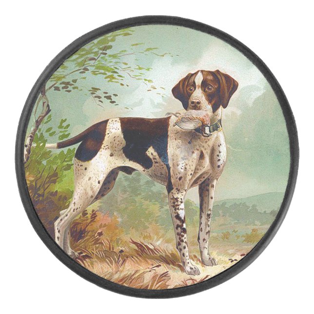 Hunter dog with bird in mouth hockey puck (Front)