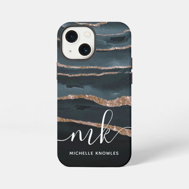 Hunter Granite Marble Gold Texture Custom Initials iPhone Case (Back)