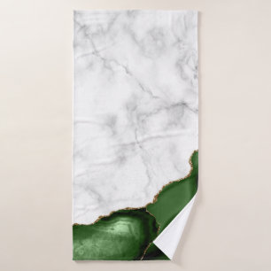 Hunter Green Agate Gold Glitter White Marble Bath Towel