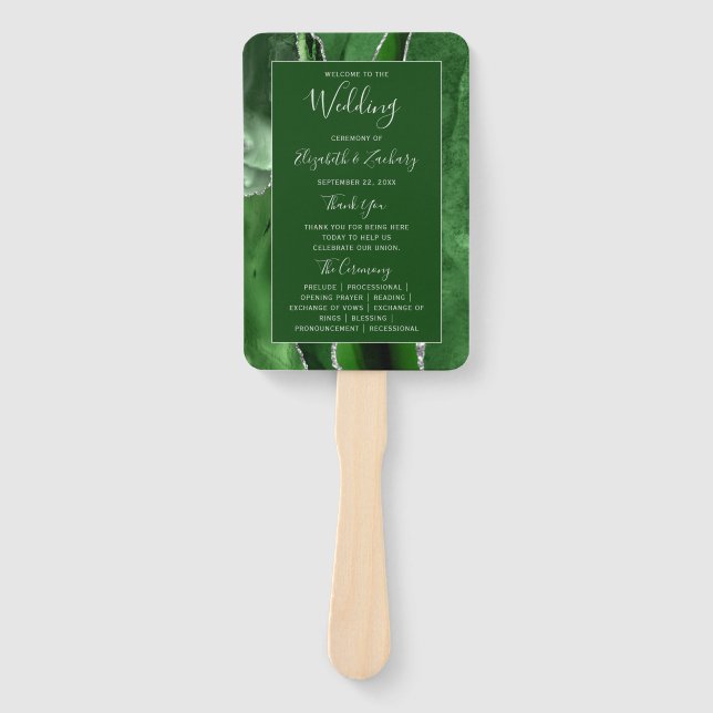 Hunter Green Agate Silver Glitter Wedding Program Hand Fan (Front)