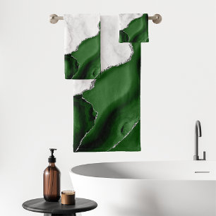 Hunter Green Agate Silver Glitter White Marble Bath Towel Set