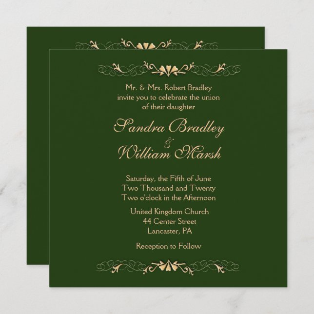 Hunter Green and Gold Wedding Invitation (Front/Back)