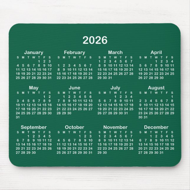 Hunter Green and White 2026 Calendar Mouse Pad (Front)