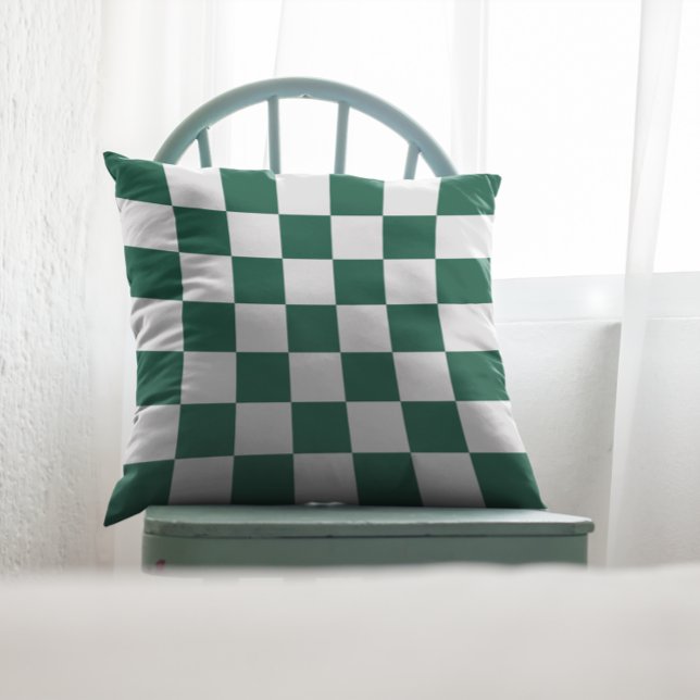 Hunter Green and White Chequered Cushion (Hunter Green and White Checkered Throw Pillow)