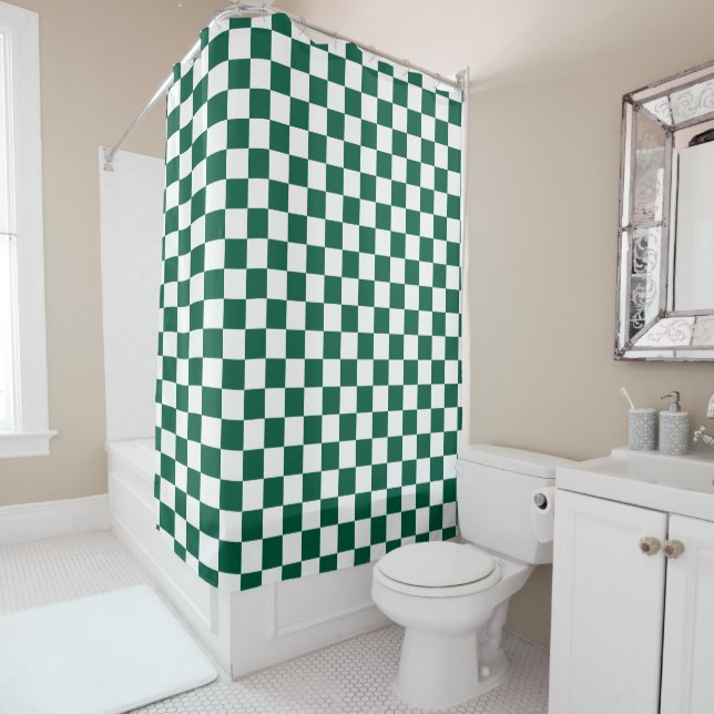 Hunter Green and White Chequered Shower Curtain (In Situ)