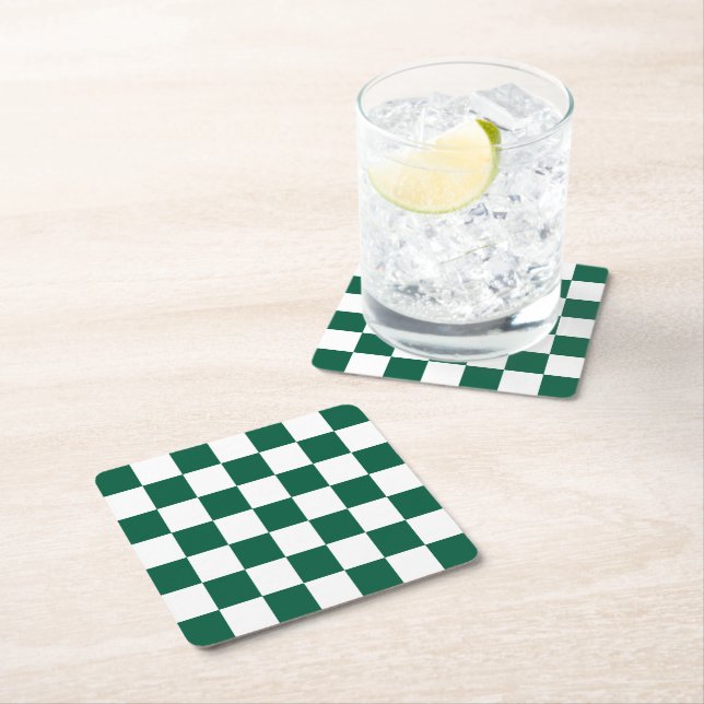 Hunter Green and White Chequered Square Paper Coaster (Insitu)